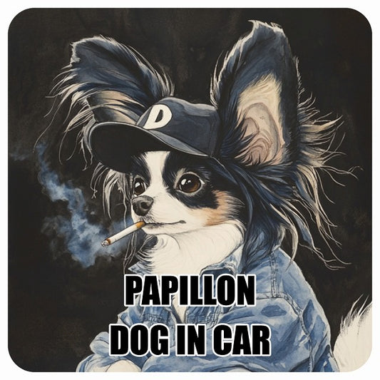 PAPILLON パピヨン DOG IN CAR 作業服 ちょい悪 ステッカー 13x13cm 正方形 シール カーステッカー