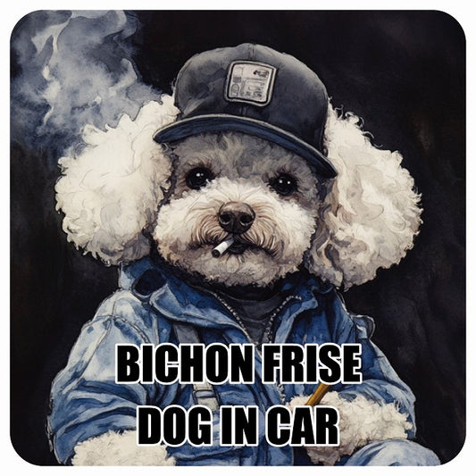 BICHON FRISE ビションフリーゼ DOG IN CAR 作業服 ちょい悪 ステッカー 13x13cm 正方形 シール カーステッカー