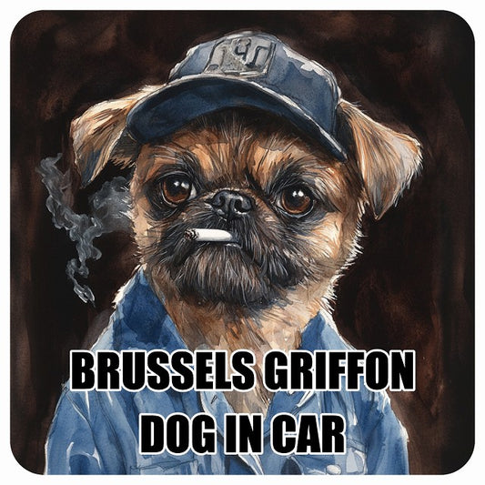 BRUSSELS GRIFFON ブリュッセル・グリフォン DOG IN CAR 作業服 ちょい悪 ステッカー 13x13cm 正方形 シール カーステッカー