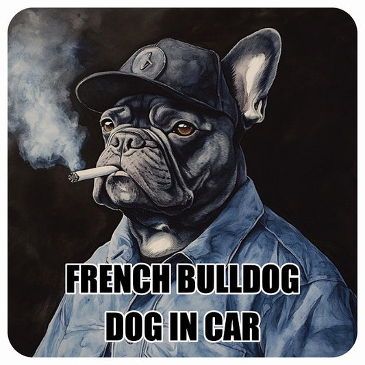 FRENCH BULLDOG フレンチブルドッグ DOG IN CAR 作業服 ちょい悪 ステッカー 13x13cm 正方形 シール カーステッカー
