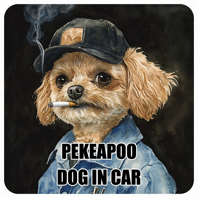 PEKEAPOO ペキプー DOG IN CAR 作業服 ちょい悪 ステッカー 13x13cm 正方形 シール カーステッカー