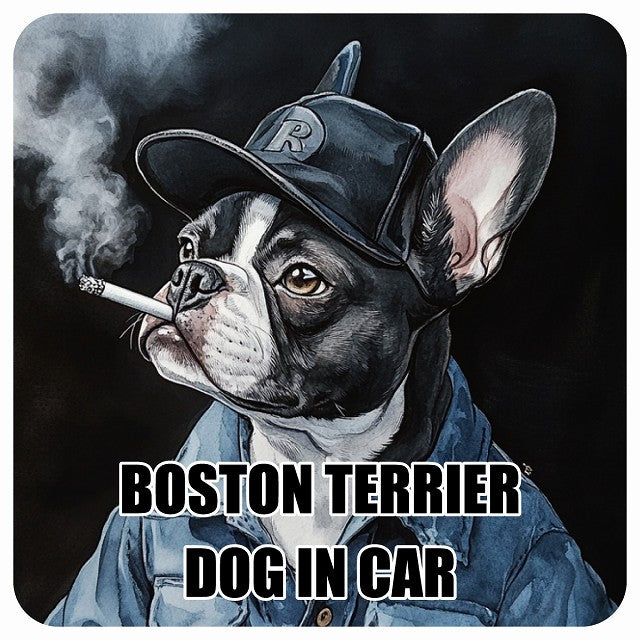 BOSTON TERRIER ボストンテリア DOG IN CAR 作業服 ちょい悪 ステッカー 13x13cm 正方形 シール カーステッカー