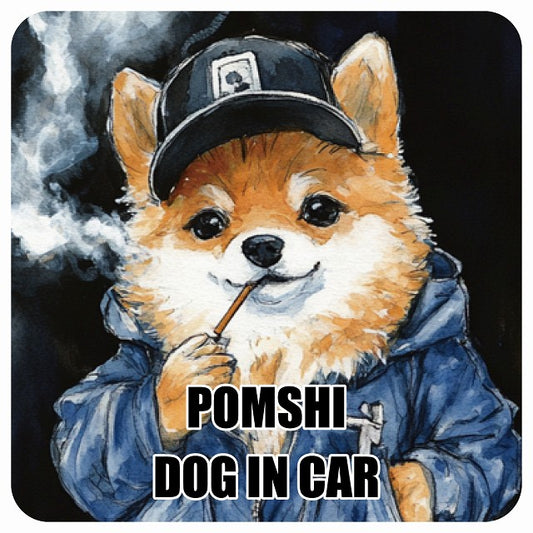 POMSHI ポメ柴 DOG IN CAR 作業服 ちょい悪 ステッカー 13x13cm 正方形 シール カーステッカー