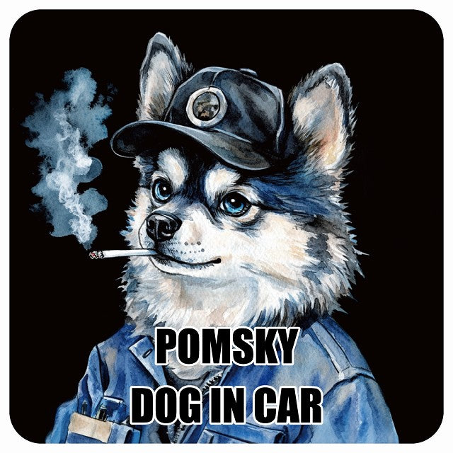 POMSKY ポンスキー DOG IN CAR 作業服 ちょい悪 ステッカー 13x13cm 正方形 シール カーステッカー