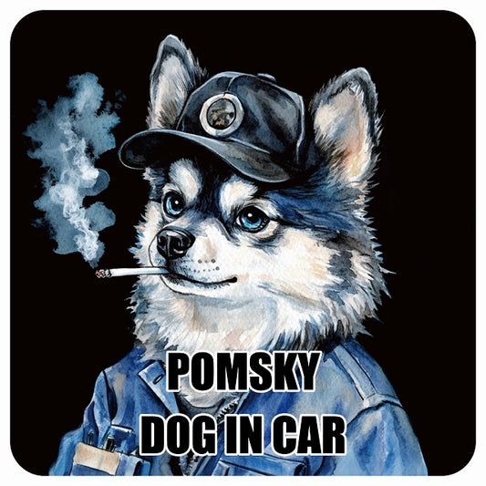 POMSKY ポンスキー DOG IN CAR 作業服 ちょい悪 ステッカー 13x13cm 正方形 シール カーステッカー