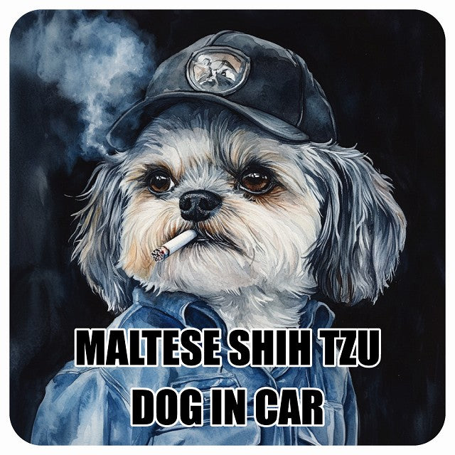 MALTESE SHIH TZU マルシーズー DOG IN CAR 作業服 ちょい悪 ステッカー 13x13cm 正方形 シール カーステッカー