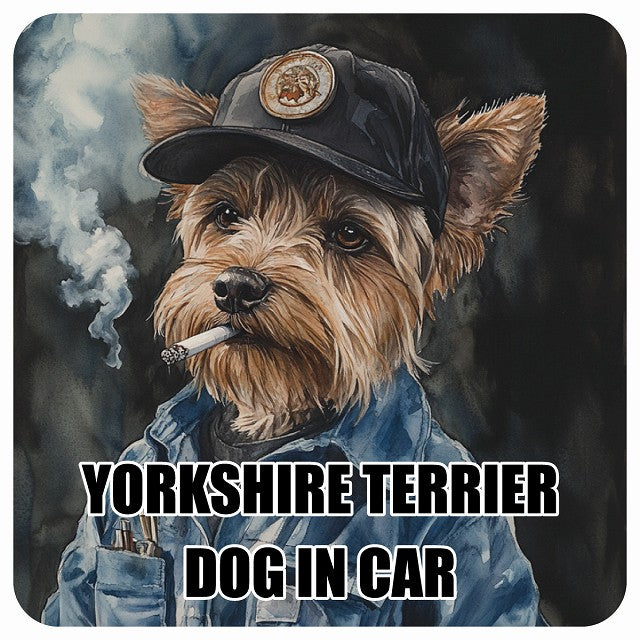 YORKSHIRE TERRIER ヨークシャテリア DOG IN CAR 作業服 ちょい悪 ステッカー 13x13cm 正方形 シール カーステッカー