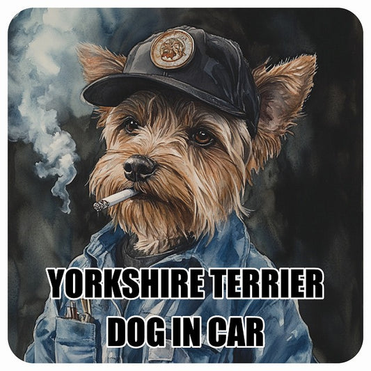 YORKSHIRE TERRIER ヨークシャテリア DOG IN CAR 作業服 ちょい悪 ステッカー 13x13cm 正方形 シール カーステッカー
