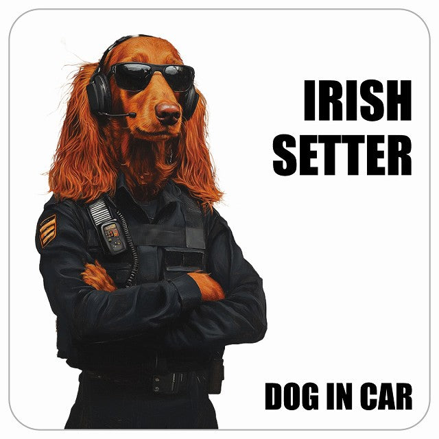 IRISH SETTER アイリッシュセッター DOG IN CAR セキュリティガード風 ちょい悪 ステッカー 13x13cm 正方形 シール カーステッカー