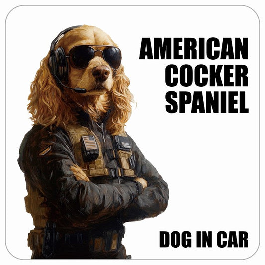 AMERICAN COCKER SPANIEL アメリカンコッカースパニエル DOG IN CAR セキュリティガード風 ちょい悪 ステッカー 13x13cm 正方形 シール カーステッカー