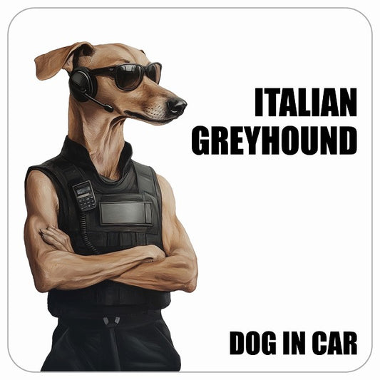 ITALIAN GREYHOUND イタリアングレーハウンド DOG IN CAR セキュリティガード風 ちょい悪 ステッカー 13x13cm 正方形 シール カーステッカー
