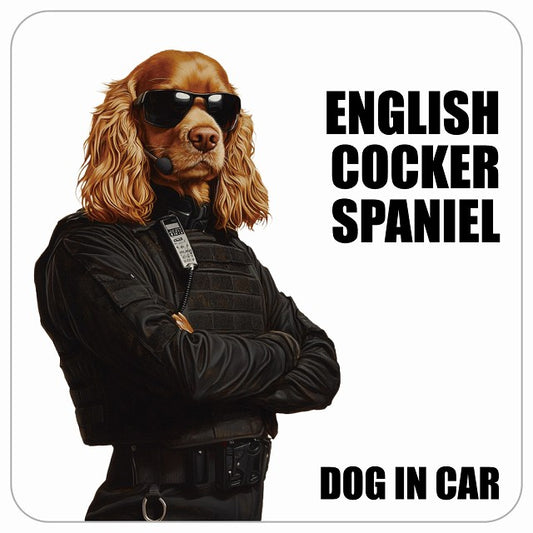 ENGLISH COCKER SPANIEL イングリッシュコッカースパニエル DOG IN CAR セキュリティガード風 ちょい悪 ステッカー 13x13cm 正方形 シール カーステッカー