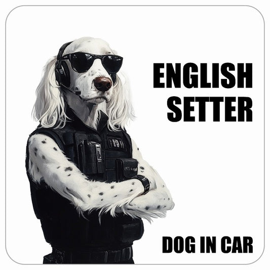 ENGLISH SETTER イングリッシュセッター DOG IN CAR セキュリティガード風 ちょい悪 ステッカー 13x13cm 正方形 シール カーステッカー