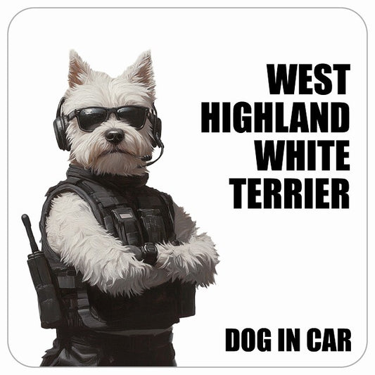 WEST HIGHLAND WHITE TERRIER ウエストハイランドホワイトテリア DOG IN CAR セキュリティガード風 ちょい悪 ステッカー 13x13cm 正方形 シール カーステッカー