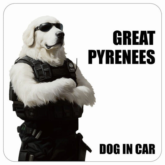 GREAT PYRENEES グレートピレニーズ DOG IN CAR セキュリティガード風 ちょい悪 ステッカー 13x13cm 正方形 シール カーステッカー