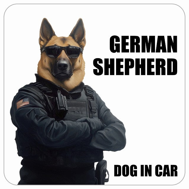 GERMAN SHEPHERD シェパード DOG IN CAR セキュリティガード風 ちょい悪 ステッカー 13x13cm 正方形 シール カーステッカー