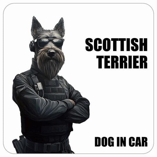 SCOTTISH TERRIER スコティッシュテリア DOG IN CAR セキュリティガード風 ちょい悪 ステッカー 13x13cm 正方形 シール カーステッカー