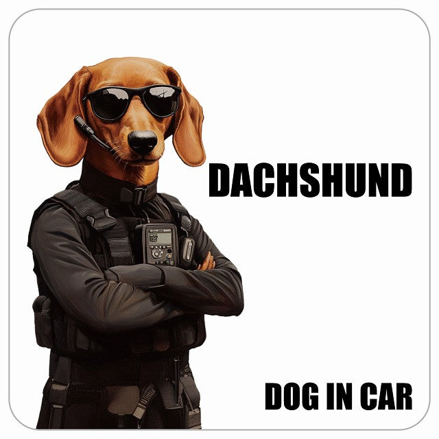 DACHSHUND ダックスフント DOG IN CAR セキュリティガード風 ちょい悪 ステッカー 13x13cm 正方形 シール カーステッカー
