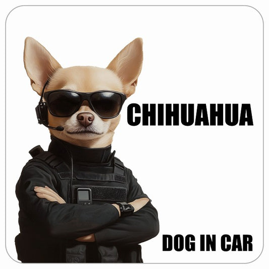 CHIHUAHUA チワワ DOG IN CAR セキュリティガード風 ちょい悪 ステッカー 13x13cm 正方形 シール カーステッカー
