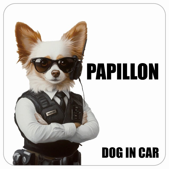 PAPILLON パピヨン DOG IN CAR セキュリティガード風 ちょい悪 ステッカー 13x13cm 正方形 シール カーステッカー