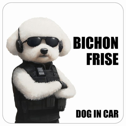 BICHON FRISE ビションフリーゼ DOG IN CAR セキュリティガード風 ちょい悪 ステッカー 13x13cm 正方形 シール カーステッカー