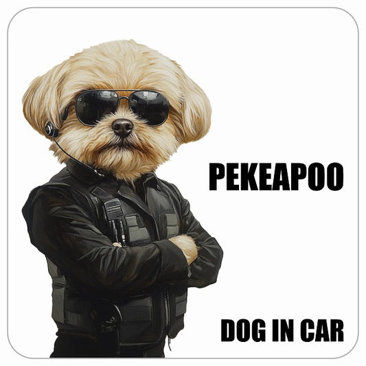 PEKEAPOO ペキプー DOG IN CAR セキュリティガード風 ちょい悪 ステッカー 13x13cm 正方形 シール カーステッカー