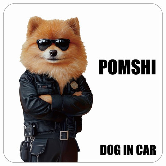 POMSHI ポメ柴 DOG IN CAR セキュリティガード風 ちょい悪 ステッカー 13x13cm 正方形 シール カーステッカー
