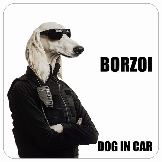 BORZOI ボルゾイ DOG IN CAR セキュリティガード風 ちょい悪 ステッカー 13x13cm 正方形 シール カーステッカー