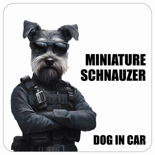 MINIATURE SCHNAUZER ミニチュアシュナウザー DOG IN CAR セキュリティガード風 ちょい悪 ステッカー 13x13cm 正方形 シール カーステッカー