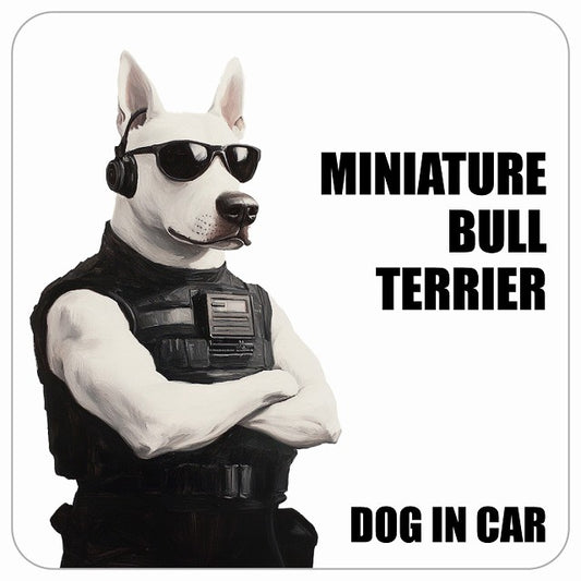 MINIATURE BULL TERRIER ミニチュアブルテリア DOG IN CAR セキュリティガード風 ちょい悪 ステッカー 13x13cm 正方形 シール カーステッカー