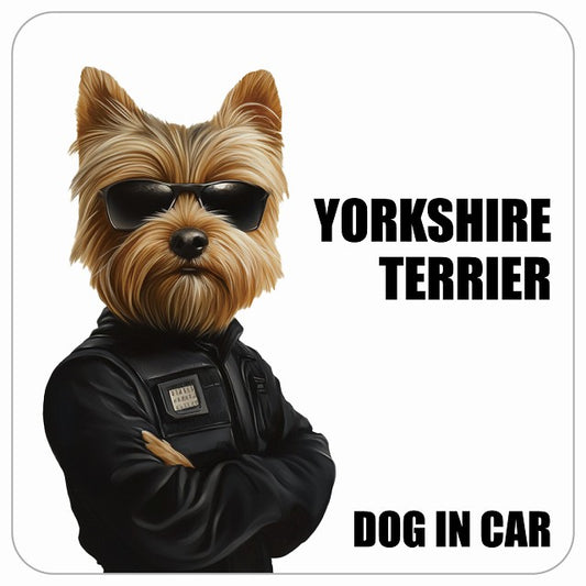 YORKSHIRE TERRIER ヨークシャテリア DOG IN CAR セキュリティガード風 ちょい悪 ステッカー 13x13cm 正方形 シール カーステッカー