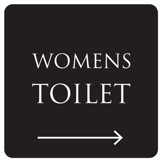 トイレ 御手洗 TOILET トイレマーク ブラック ホワイト WOMENS 右 矢印 文字タイプ ステッカー 正方形 シール サインステッカー 誘導表示 ピクトサイン ピクトグラム 選べるサイズ