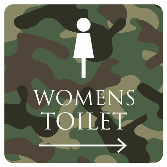 トイレ 御手洗 TOILET トイレマーク 迷彩 カラー WOMENS 右 矢印 ステッカー 正方形 シール サインステッカー 誘導表示 ピクトサイン ピクトグラム 選べるサイズ