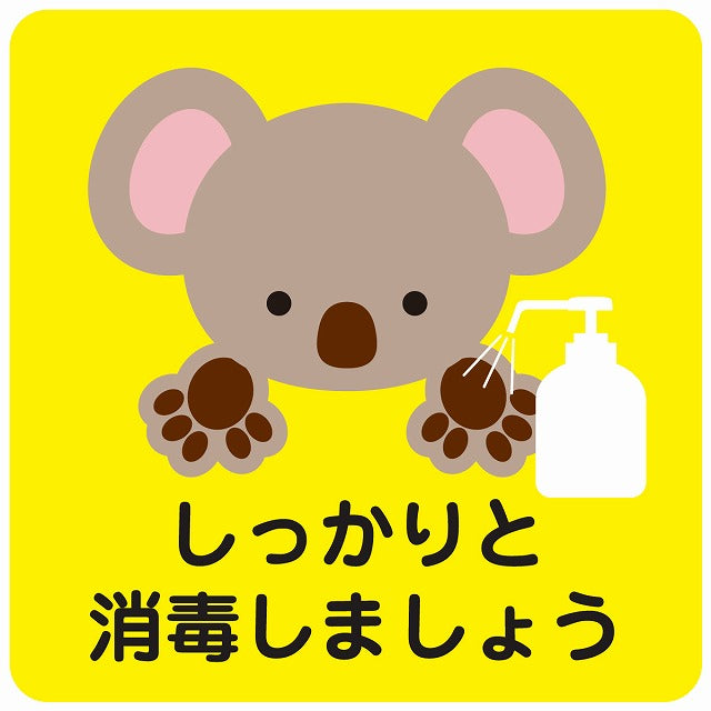 しっかりと消毒しましょう コアラ イエロー ステッカー 正方形 シール サインステッカー ピクトサイン ピクトグラム 選べるサイズ