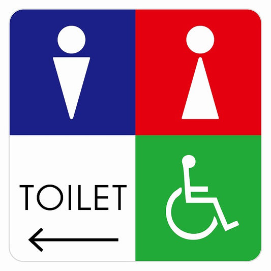 トイレ 御手洗 TOILET トイレマーク D2男女車椅子 左 矢印 ステッカー 正方形 シール サインステッカー 誘導表示 ピクトサイン ピクトグラム 選べるサイズ