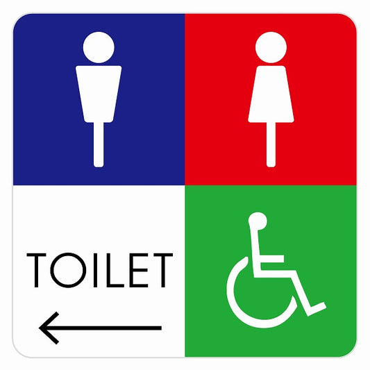 トイレ 御手洗 TOILET トイレマーク E2男女車椅子 左 矢印 ステッカー 正方形 シール サインステッカー 誘導表示 ピクトサイン ピクトグラム 選べるサイズ