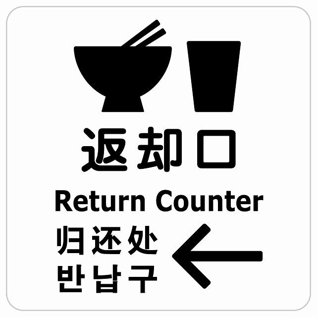 返却口 皿 カップ イラスト入り 多言語 英語 中国語 韓国語 対応 ホワイト 左矢印 ステッカー 正方形 シール サインステッカー 外国人対応 ピクトサイン ピクトグラム 選べるサイズ