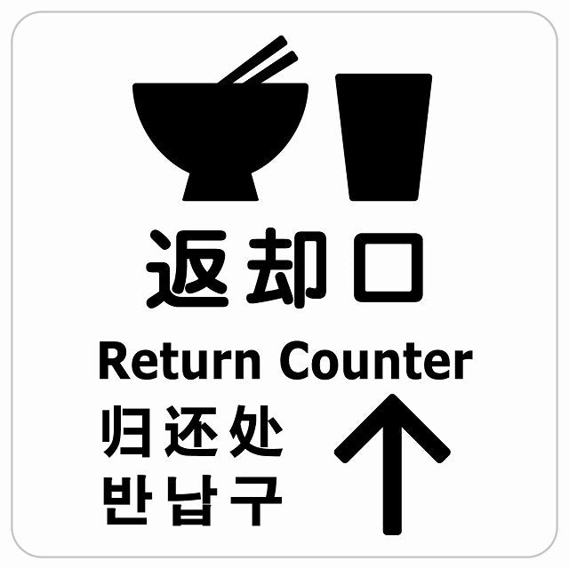 返却口 皿 カップ イラスト入り 多言語 英語 中国語 韓国語 対応 ホワイト 上矢印 ステッカー 正方形 シール サインステッカー 外国人対応 ピクトサイン ピクトグラム 選べるサイズ