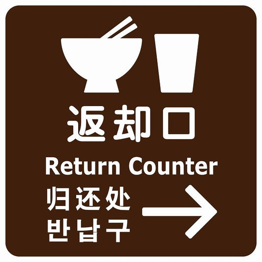 返却口 皿 カップ イラスト入り 多言語 英語 中国語 韓国語 対応 ブラウン 右矢印 ステッカー 正方形 シール サインステッカー 外国人対応 ピクトサイン ピクトグラム 選べるサイズ