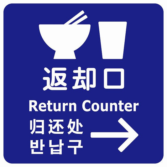 返却口 皿 カップ イラスト入り 多言語 英語 中国語 韓国語 対応 ブルー 右矢印 ステッカー 正方形 シール サインステッカー 外国人対応 ピクトサイン ピクトグラム 選べるサイズ