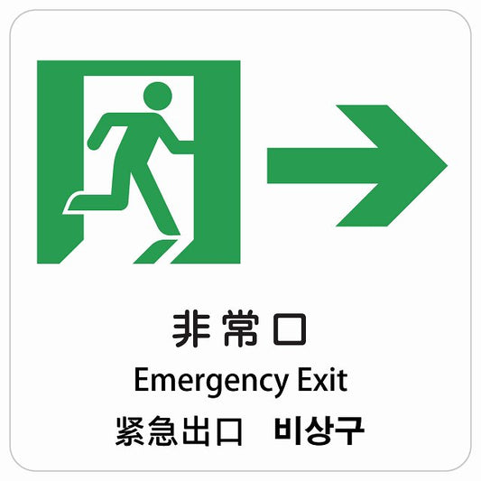 非常口 右 矢印 インバウンド 多言語 英語 中国語 韓国語 対応 ピクトサイン ステッカー 正方形 シール サインステッカー 外国人対応 ピクトグラム 選べるサイズ