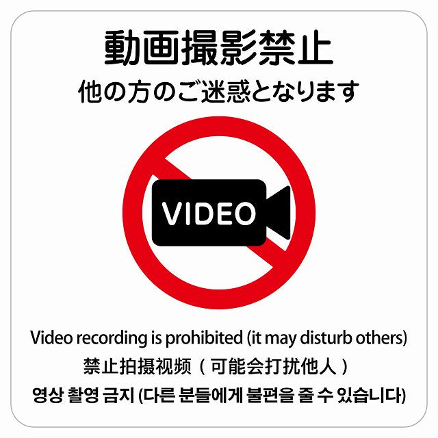 動画撮影禁止（他の方のご迷惑となります） 多言語 英語 中国語 韓国語 対応 ステッカー 正方形 シール サインステッカー 外国人対応 ピクトサイン ピクトグラム 選べるサイズ