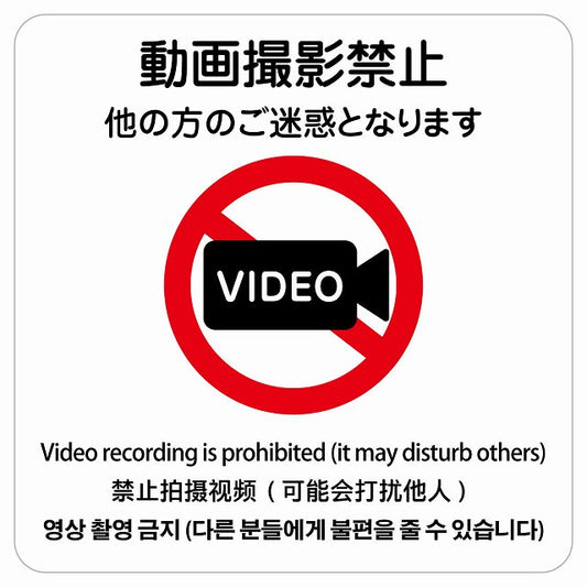 動画撮影禁止（他の方のご迷惑となります） 多言語 英語 中国語 韓国語 対応 ステッカー 正方形 シール サインステッカー 外国人対応 ピクトサイン ピクトグラム 選べるサイズ