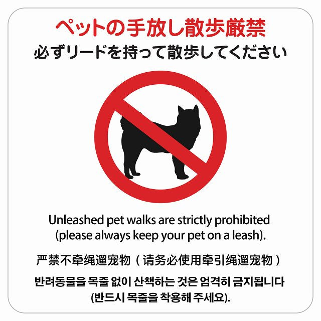 ペットの手放し散歩厳禁（必ずリードを持って散歩してください） 多言語 英語 中国語 韓国語 対応 ステッカー 正方形 シール サインステッカー 外国人対応 ピクトサイン ピクトグラム 選べるサイズ