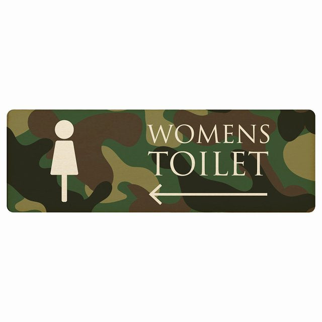 トイレ WOMENS 迷彩 カラー 左矢印 木製プレート 長方形 看板 サインプレート 誘導表示 ピクトサイン ピクトグラム 選べるサイズ