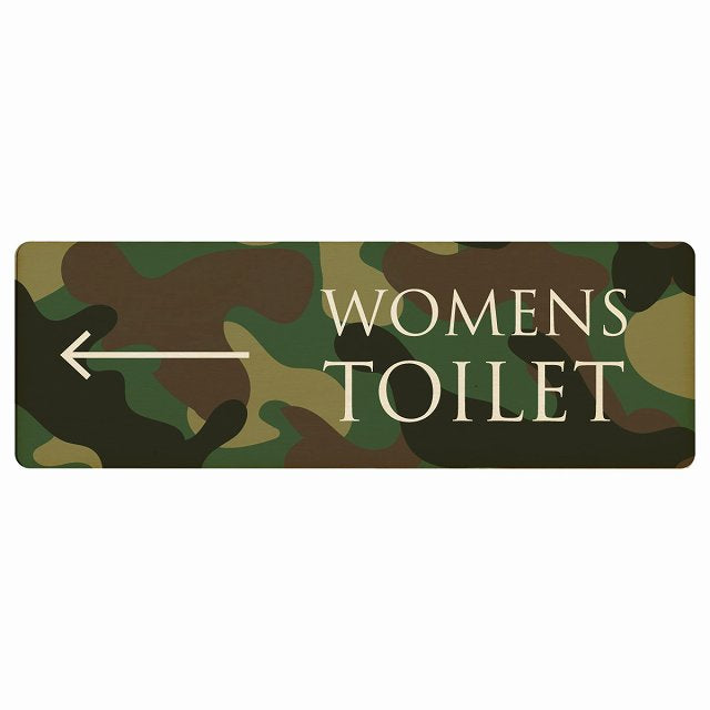 トイレ WOMENS 文字タイプ 迷彩 カラー 左矢印 木製プレート 長方形 看板 サインプレート 誘導表示 ピクトサイン ピクトグラム 選べるサイズ