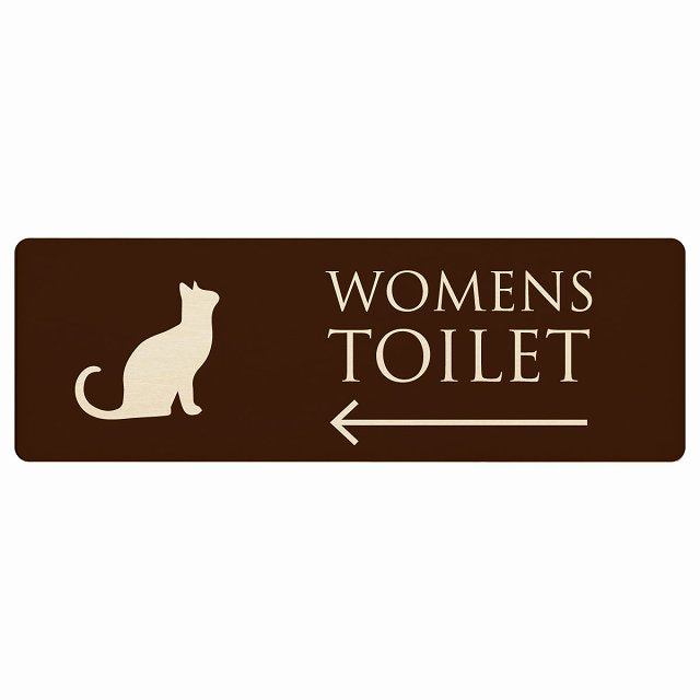 トイレ WOMENS ねこ 猫 ネコ ブラウン ナチュラル 左矢印 木製プレート 長方形 看板 サインプレート 誘導表示 ピクトサイン ピクトグラム 選べるサイズ