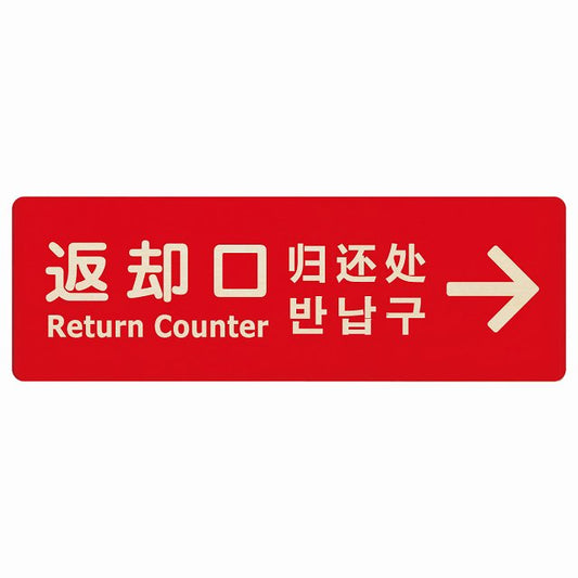 返却口 文字タイプ 多言語 英語 中国語 韓国語 対応 レッド 右矢印 木製プレート 長方形 看板 サインプレート 外国人対応 ピクトサイン ピクトグラム 選べるサイズ