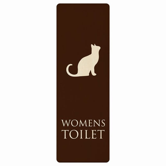 トイレ WOMENS ねこ 猫 ネコ ブラウン ナチュラル 木製プレート 長方形 縦タイプ 看板 サインプレート 案内表示 施設用 ピクトサイン ピクトグラム 選べるサイズ