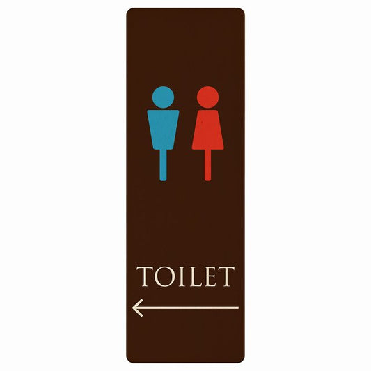 トイレ 男女マーク ブラウン＆カラー 左矢印 木製プレート 長方形 縦タイプ 看板 サインプレート 誘導表示 ピクトサイン ピクトグラム 選べるサイズ